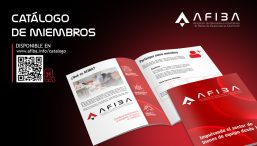 AFIBA member catalog promotion: dark red gradient background with a red brochure in the foreground and an open two-page spread showing 'Qué es AFIBA' and 'Participar como miembro'.
