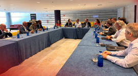 Group of professionals seated around a U-shaped blue-clothed conference table in a modern meeting room, engaged in discussion.