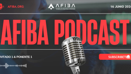AFIBA PODCAST banner with bold red text, a silver microphone, AFIBA logo, date 16 JUNIO 2026, and a red Subscribe button.