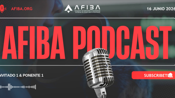 AFIBA PODCAST banner with bold red text, a silver microphone, AFIBA logo, date 16 JUNIO 2026, and a red Subscribe button.