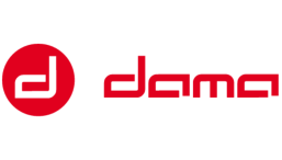 Dama logo: red circle with a white stylized 'd' beside the word 'Dama' in red geometric font.