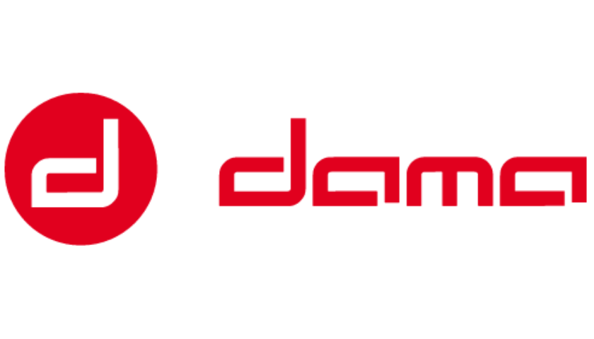 Dama logo: red circle with a white stylized 'd' beside the word 'Dama' in red geometric font.