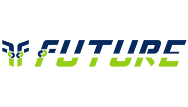 Brand logo with a blue-and-lime cube mascot on the left and bold blue and lime-green wordmark reading 'GIT TIDE FUTURE' or similar. The left icon hints at a tech/robotic theme, followed by a stylized text logo in two colors (blue and lime).