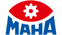 MAHA logo featuring a red eye with a white gear inside and blue letters spelling MAHA beneath it
