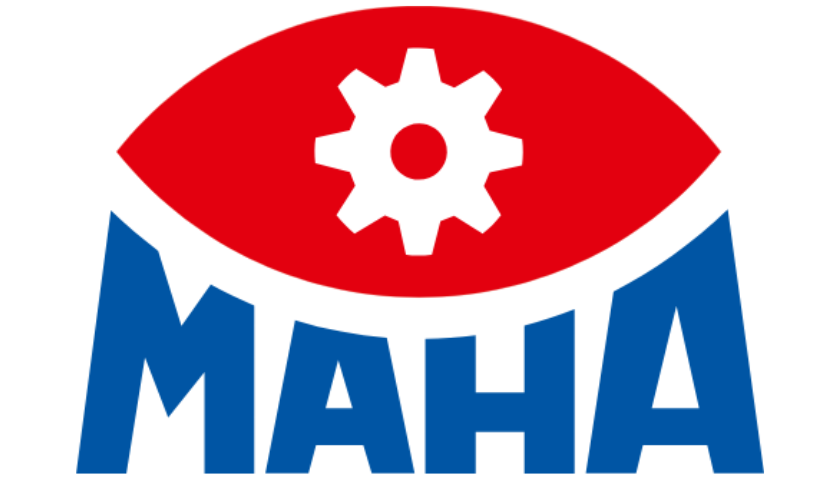 MAHA logo featuring a red eye with a white gear inside and blue letters spelling MAHA beneath it