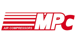MPC Air Compressors logo in red with bold white lettering and stripes armor-style design.