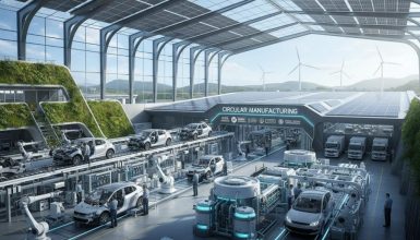 Futuristic car factory with autonomous robots assembling vehicles on a moving conveyor inside a glass-roofed facility.