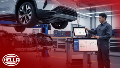 Car lifted on a hydraulic lift in a modern repair shop; technician uses a touchscreen diagnostic station, HELLA logo visible in the corner.