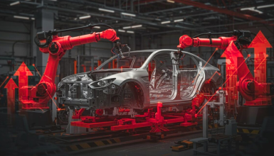 Automated car assembly line with red robotic arms assembling a silver car body in a factory setting in dim lighting.
