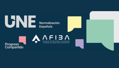 Banner with logos of UNE Normalización Española, Progreso Compartido, and AFIBA (Asociación de Fabricantes e Importadores de Bienes de Equipo para la Automoción).