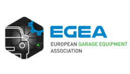 Logo for EGEA (European Garage Equipment Association): black hexagonal graphic on the left and blue 'EGEA' with green 'GARAGE EQUIPMENT' and gray 'ASSOCIATION' text.